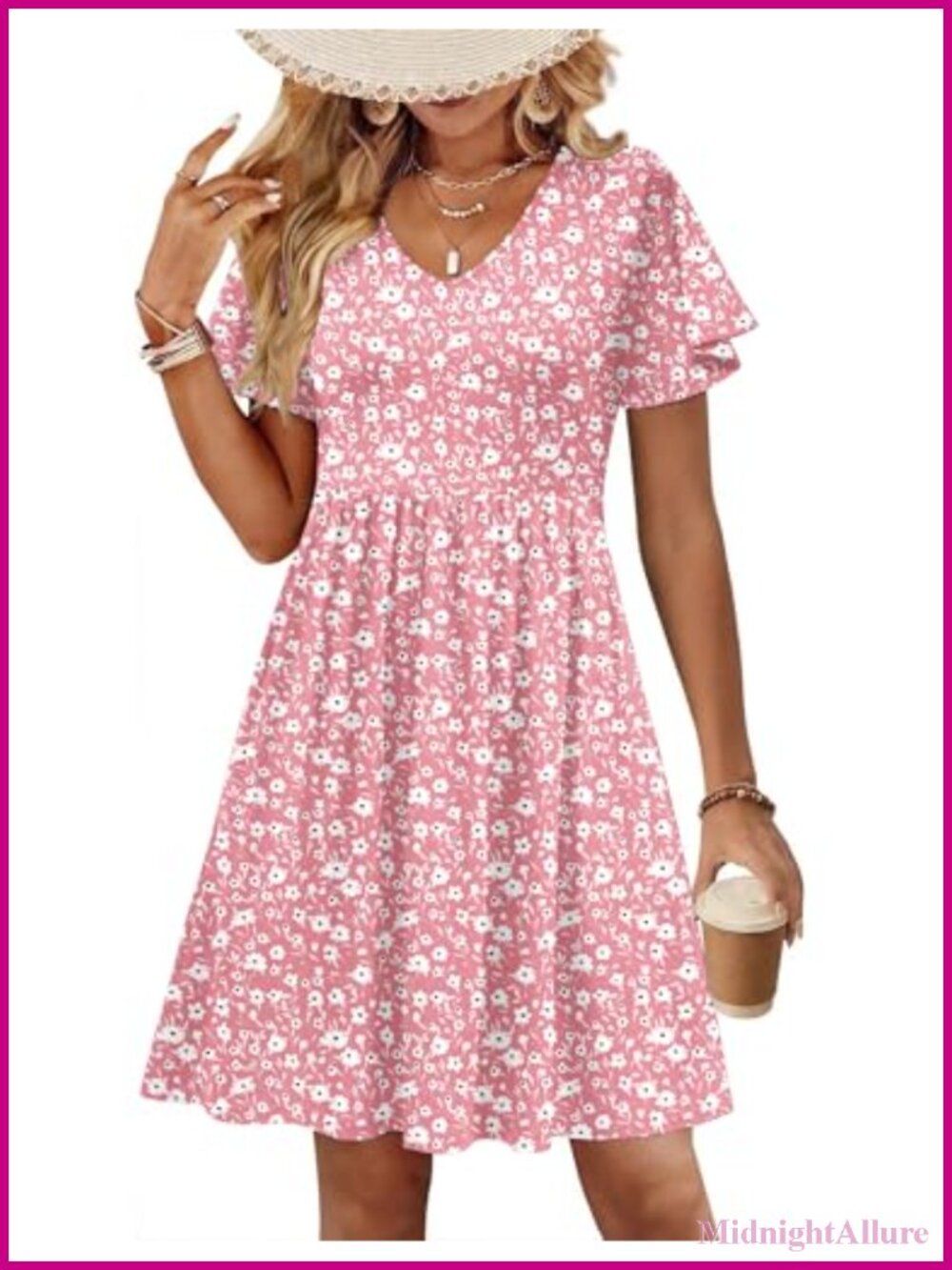Floral Ruffle Swing Dress V-Neck Short Sleeve Summer Casual A-Line Pockets